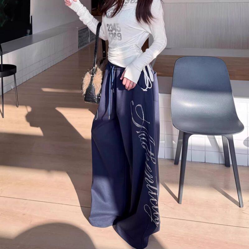 美式街头爵士舞休闲运动卫裤女设计感字母烫钻宽松直筒百搭长裤子