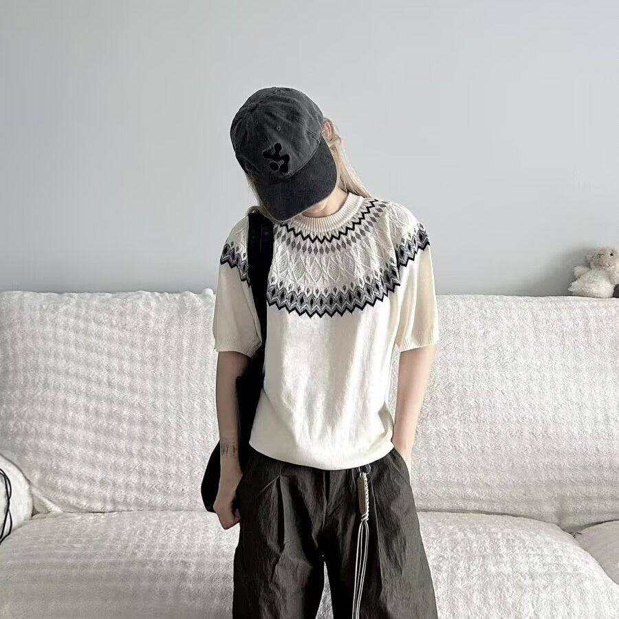 美式vibe复古提花针织衫短袖男女夏季薄款t恤衫高级感痞帅上衣潮