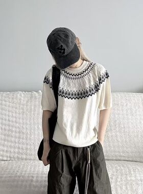 美式vibe复古提花针织衫短袖男女夏季薄款t恤衫高级感痞帅上衣潮