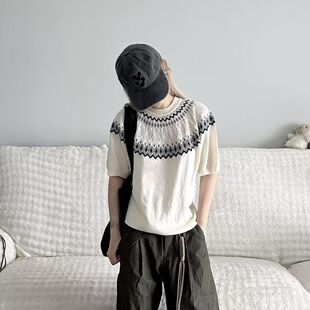 vibe复古提花针织衫 t恤衫 短袖 薄款 高级感痞帅上衣潮 男女夏季 美式