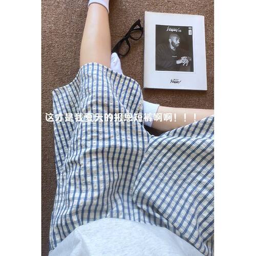 日系蓝格条纹泡泡纱休闲五分短裤