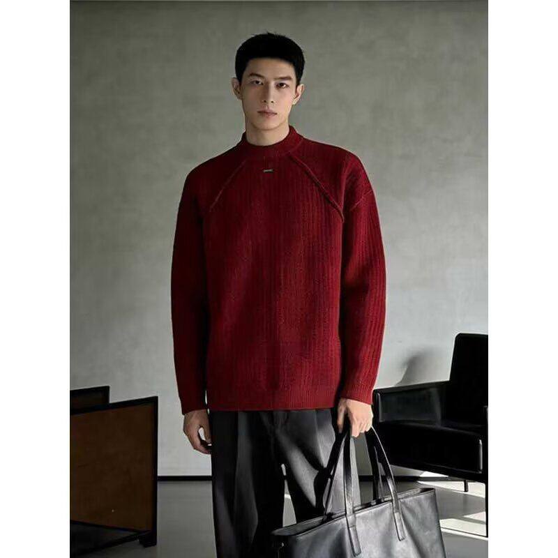 红色高级感半高领毛衣男款秋冬季老钱风复古宽松休闲纯色针织衫潮