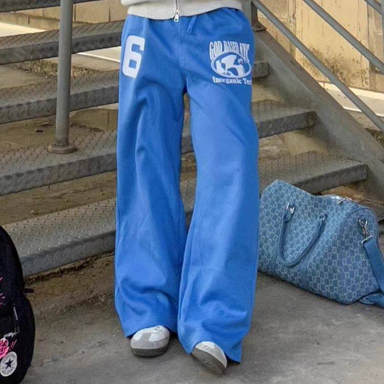 美式复古刺绣蓝色弯刀阔腿休闲卫裤男女宽松慵懒百搭简约运动长裤