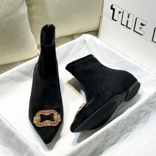 黑色水钻尖头短靴女2025新款冬季加绒保暖内增高百搭巨好看瘦瘦靴