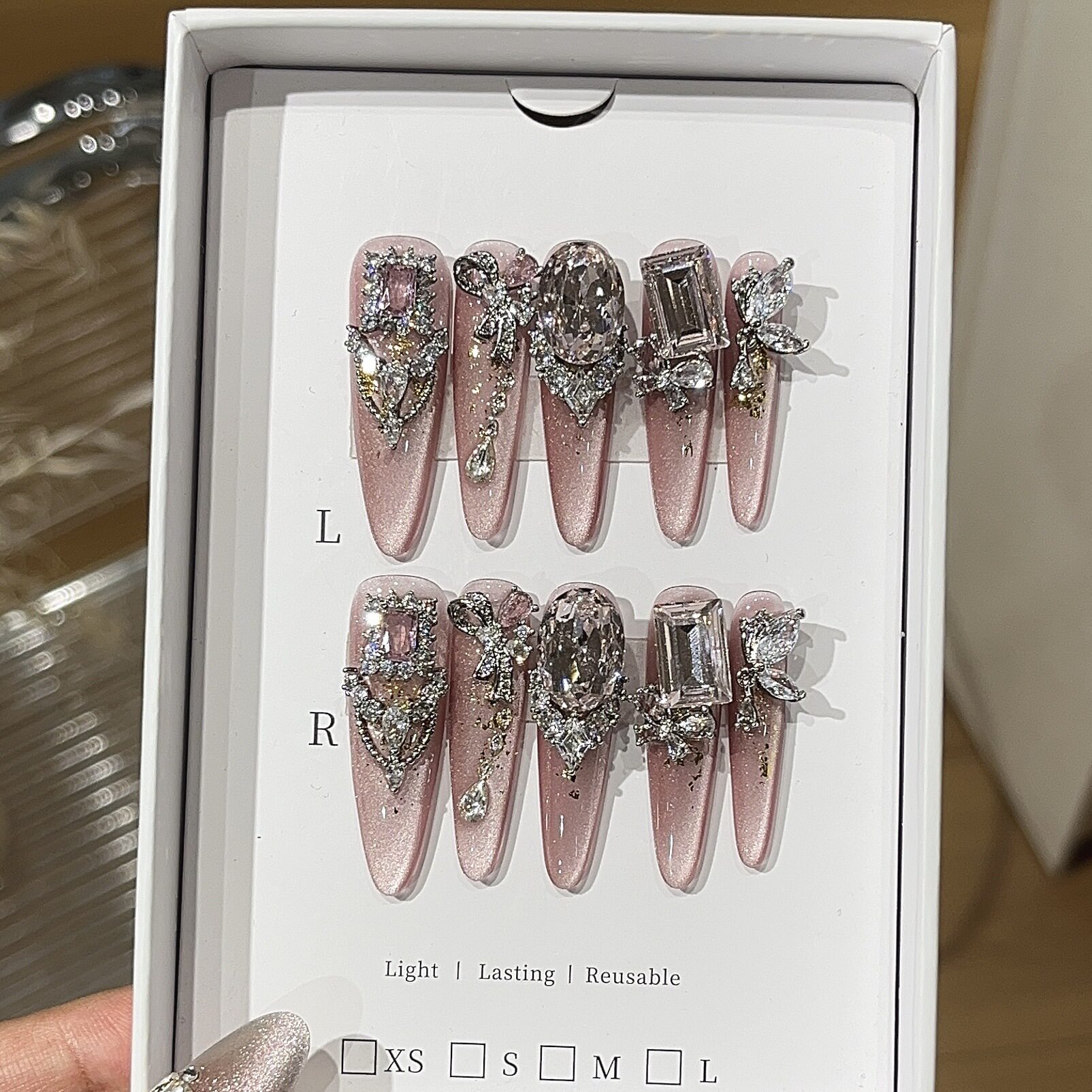 【奢华宫廷风】纯手工穿戴甲千金风爆闪裸色猫眼满钻锆石贵气甲片