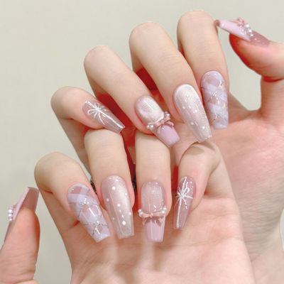 纯手工穿戴甲新款少女心事蝴蝶芭蕾猫眼格纹皮粉法式假指甲美甲贴