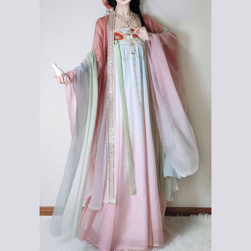 红茶唐制一片齐胸破裙瘦刺绣超仙大袖春夏套装旅拍