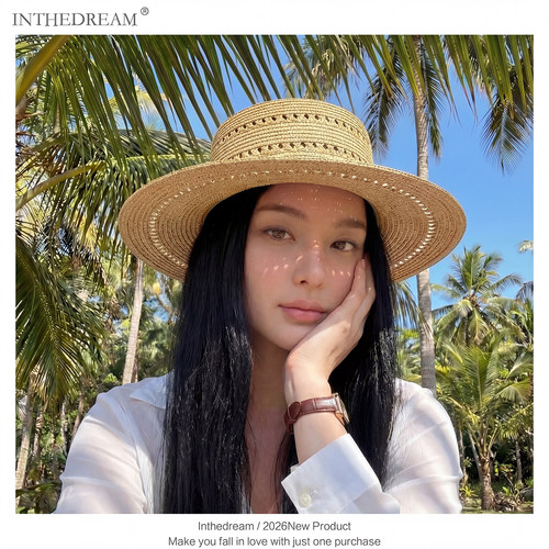 法式老钱风镂空编织平顶草帽女
