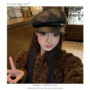 复古pu皮质八角帽子女秋冬英伦风贝雷帽时尚百搭画家帽显脸小潮