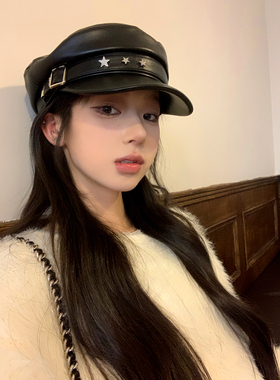 秋冬季PU皮平顶网红百搭星星贝雷帽气质个性八角帽复古画家帽子女
