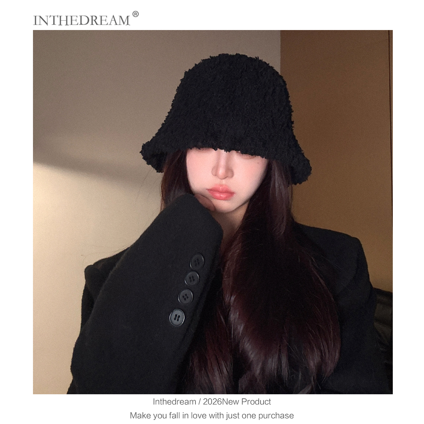 黑色羊羔毛绒渔夫帽女秋冬保暖水桶帽显脸小毛线帽子圆顶2025新款