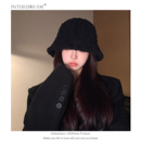 黑色羊羔毛绒渔夫帽女秋冬保暖水桶帽显脸小毛线帽子圆顶2025新款