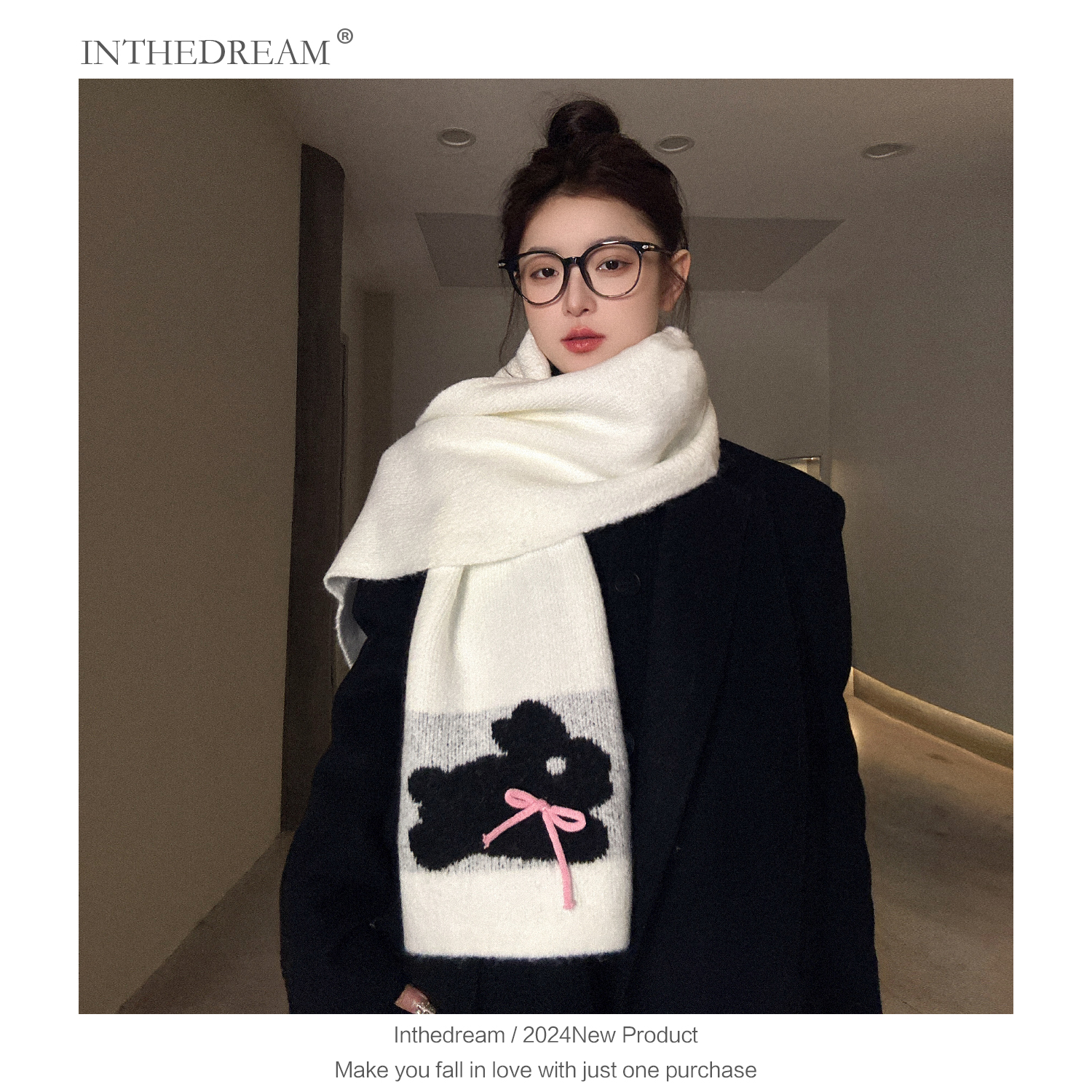 2025新款卡通兔子毛线围巾女秋冬季纯色百搭保暖学生情侣针织围脖