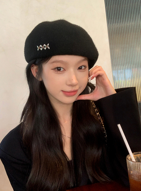 韩版秋冬新款贝雷帽女透气显脸小反戴前进帽日系大头围黑色帽子潮