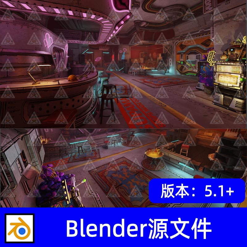 Blender星际太空娱乐大厅霓虹酒吧吧台复古街机游戏机3D模型素材