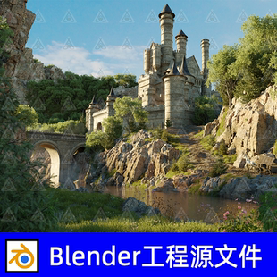 blender中世纪山顶城堡中世纪堡垒建筑山石古建筑树木池塘3D模型