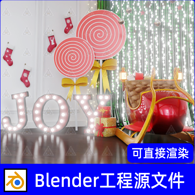 Blender场景圣诞节主题白色灯带圣诞袜螺旋棒棒糖字母灯3D模型