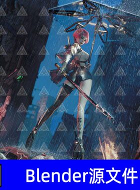 Blender赛博朋克科幻末世美少女工业废墟建筑武士刀机械伞3D模型