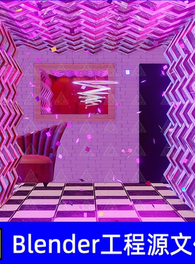 Blender未来科技室内场景紫色灯光锯齿状墙壁几何图案3D模型素材
