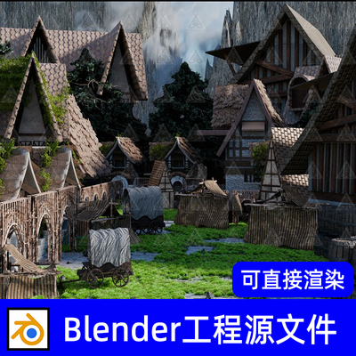 blender中世纪村庄城镇维京村落村寨木屋草地马车木桶酒桶3d模型
