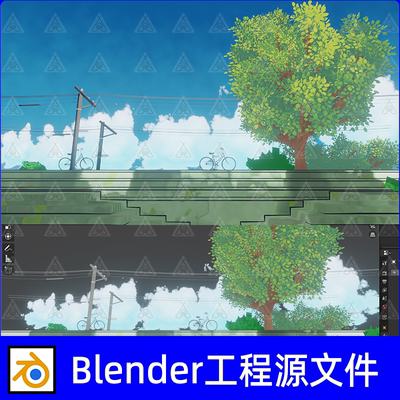 blender日式卡通动漫风格夏日单车树木场景3D模型渲染工程素材