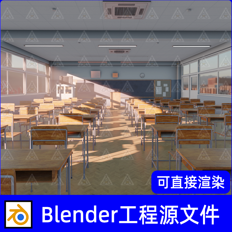 Blender日式教室日本高中教室室内场景3D模型素材工程源文件