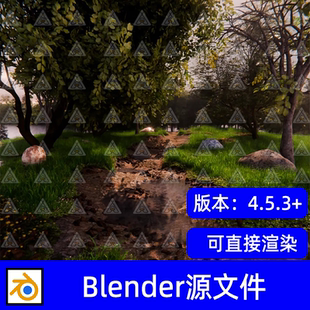Blender写实森林丛林小径小溪流草地植被岩石树3D模型工程源文件