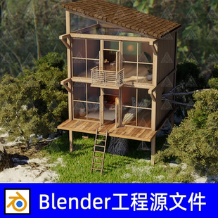 Blender丛林树屋场景二层楼房建筑小阳台木梯楼梯3D模型