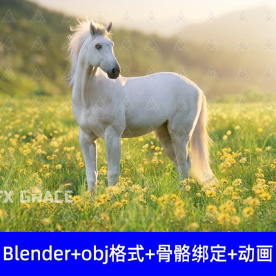blender写实白马马匹含毛发带骨骼绑定动画3D动物模型vfxgrace