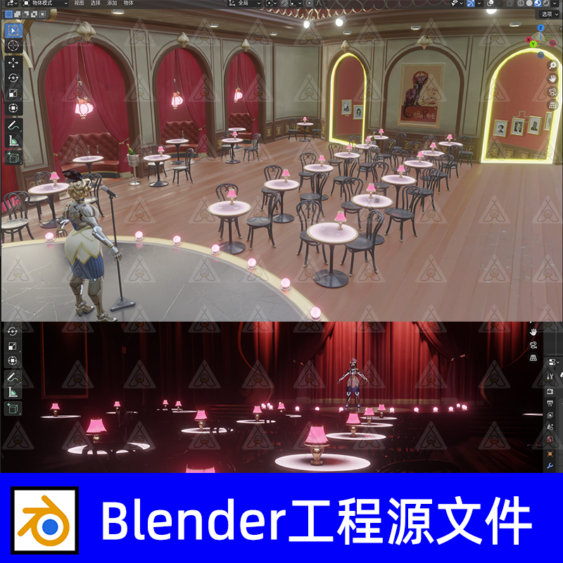 Blender复古咖啡馆舞台红色帷幕圆形餐桌三维3d模型建模素材文件