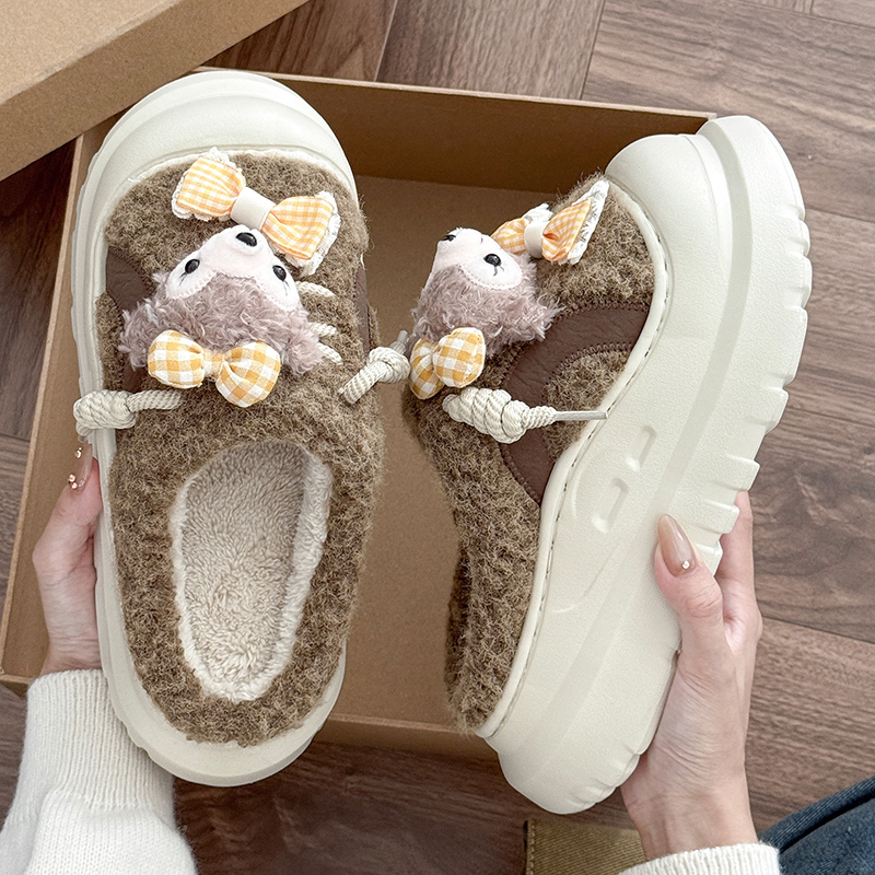 可爱小熊棉拖鞋女秋冬季毛绒保暖