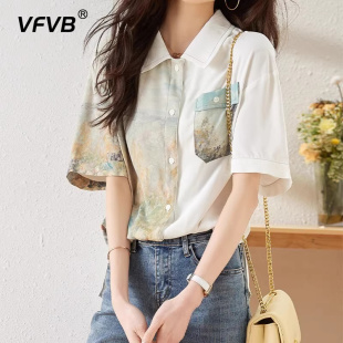 减龄印花薄款 高级感花色短袖 新款 女2024夏季 雪纺上衣气质衬衣 衬衫