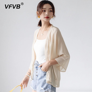 新款 薄 女开衫 白色雪纺宽松披肩衬衫 空调衫 短款 薄款 2024夏季 九分袖