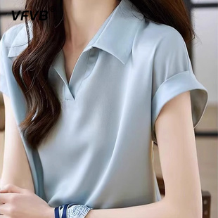 Polo领t恤女短袖 高端三醋酸正肩上衣 2024夏新款 休闲百搭翻领衬衫