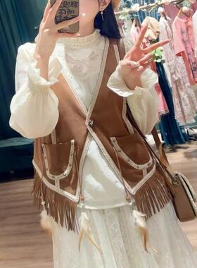 复古流浪民族风鹿皮绒流苏马甲女夏短款外搭宽松显瘦气质上衣