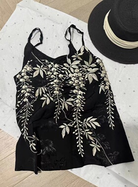 正确版】小众设计感别致刺绣吊带背心女2024夏季新款中古显瘦上衣