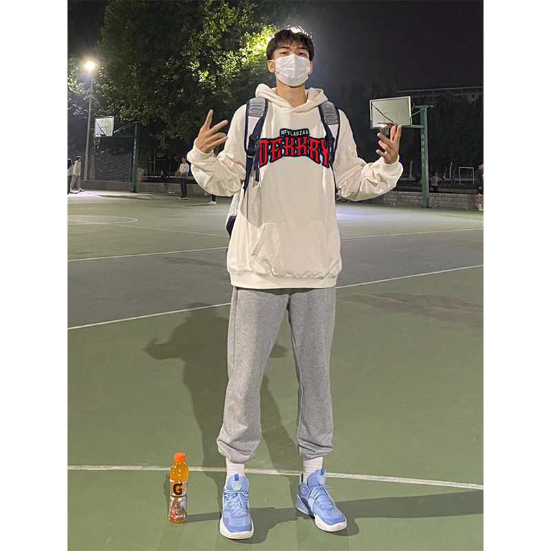 街头风白色连帽卫衣男ins潮流美式运动加绒加厚字母印花冬款外套