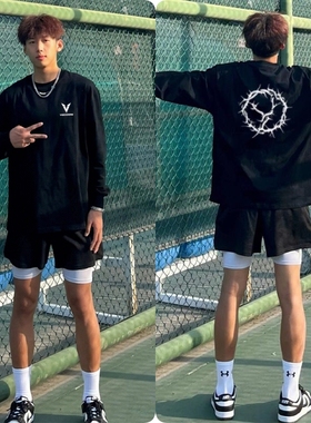 2025篮球长袖男秋冬美式速干投篮服宽松小朋友运动t恤黑白纯色衫