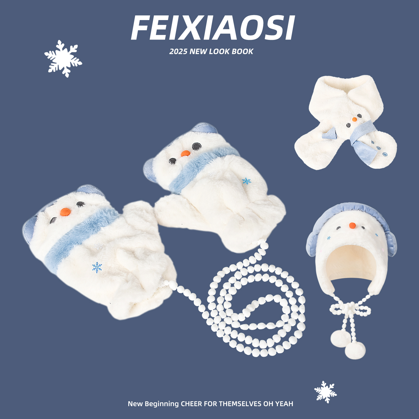 蓝色耳机雪人毛绒手套保暖