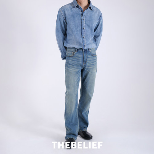 秋冬复古蓝薄绒匹马棉男牛仔裤