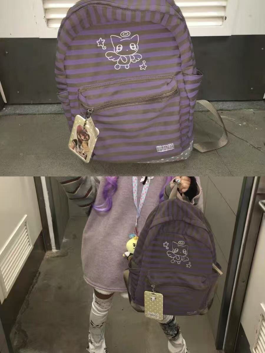 韩国原创条纹轻亚风韩系双肩包可爱大容量女学生轻便休闲紫书包