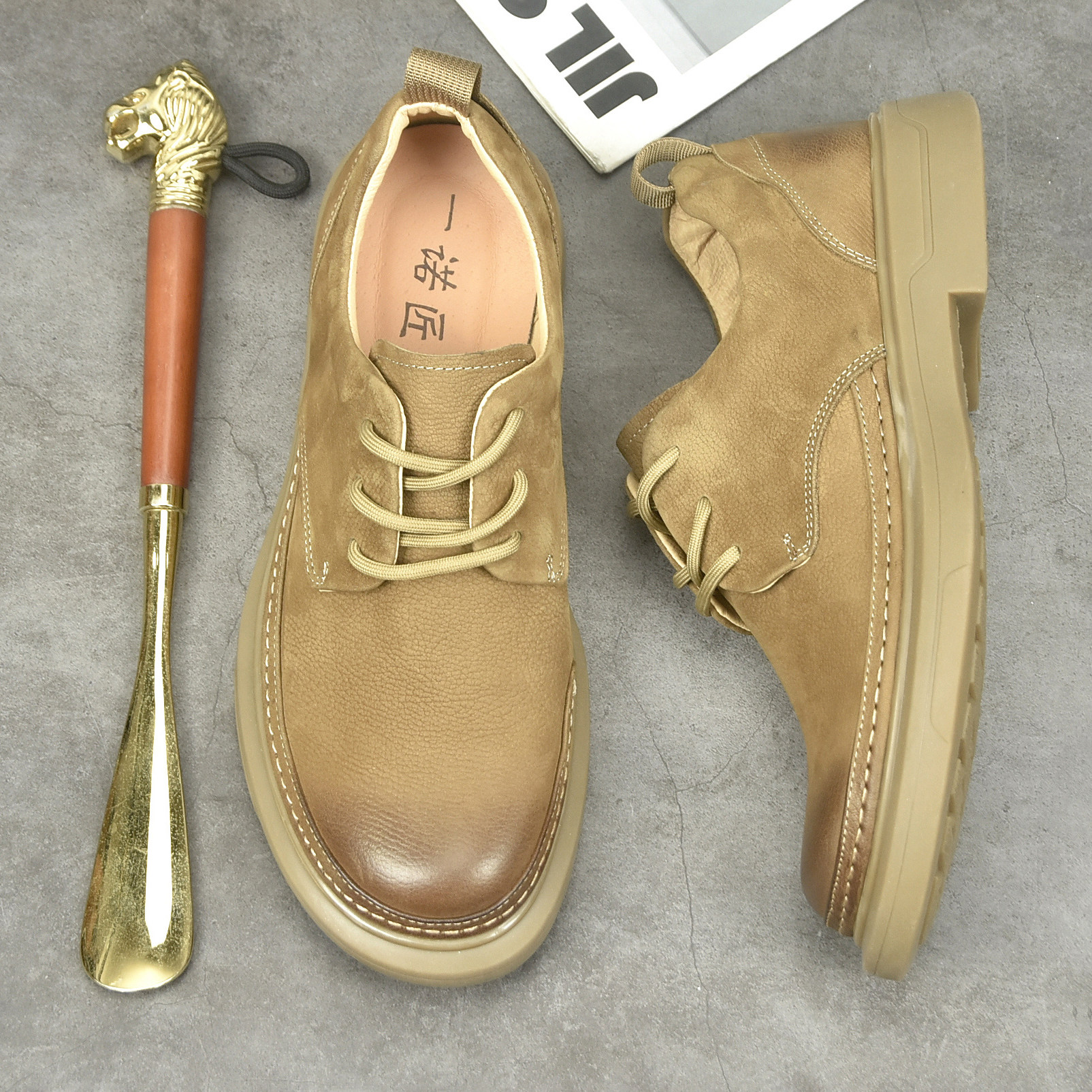 春季新款真皮男鞋商务休闲皮鞋系带圆头软底百搭透气复古风鞋子男