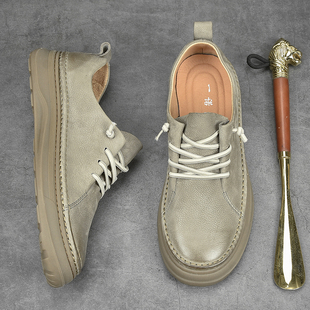 新款 子男宽脚大头鞋 男鞋 男复古百搭软皮软底单鞋 真皮休闲皮鞋 春季