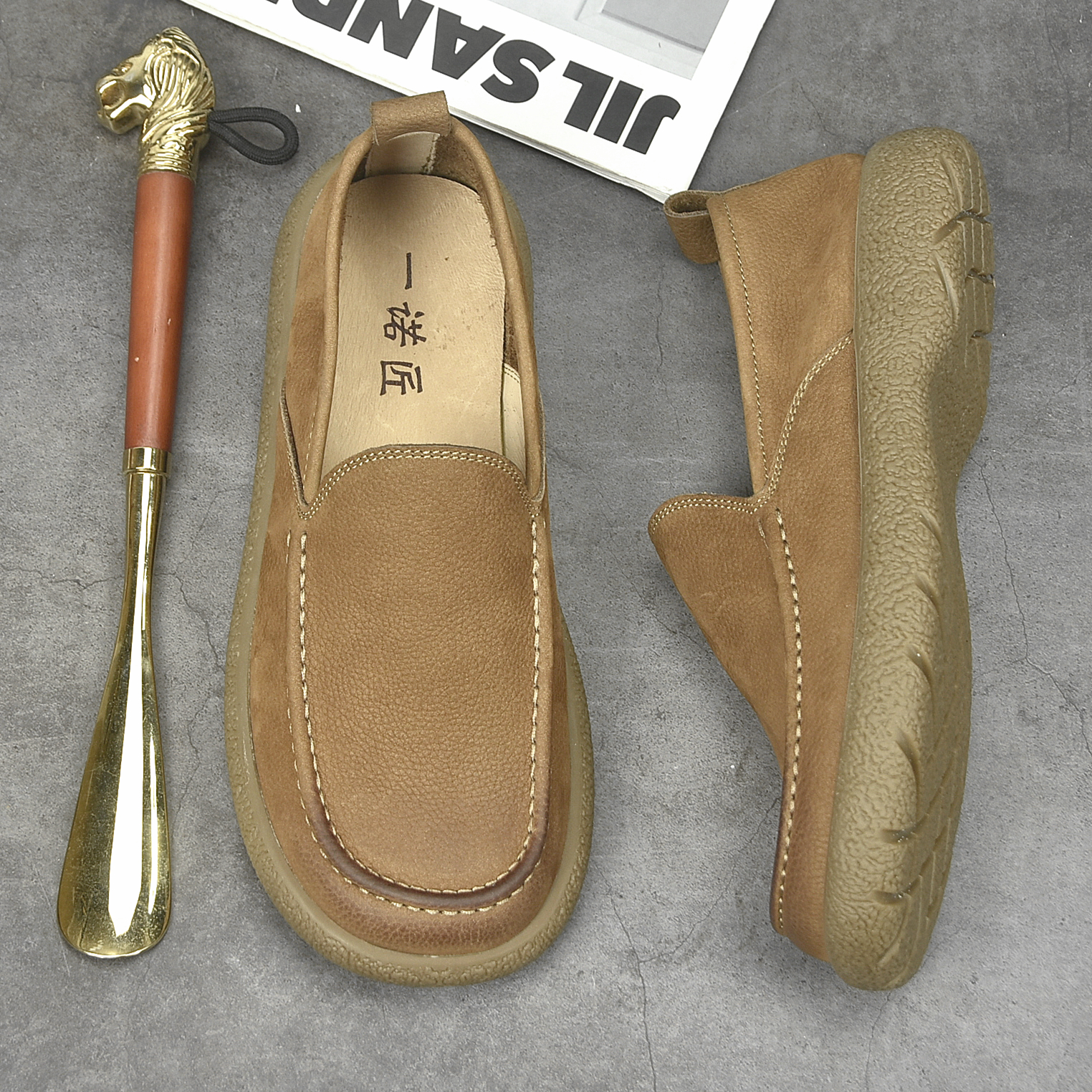 新款一脚蹬宽头男鞋真皮休闲皮鞋