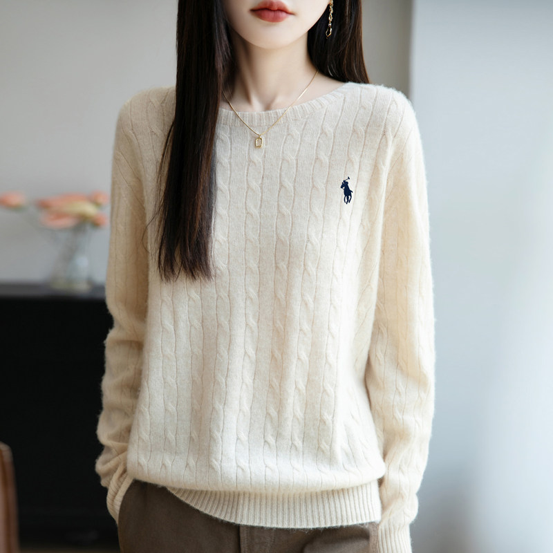 秋冬新款100%纯羊毛开衫女麻花毛衣针织外套小马刺绣羊绒上衣短款