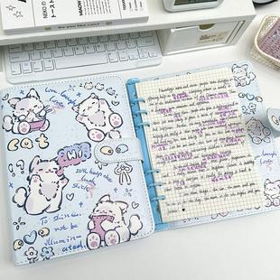 可爱的高看蓝色小猫Pu皮革活页学生A5可拆卸笔记本笔记本