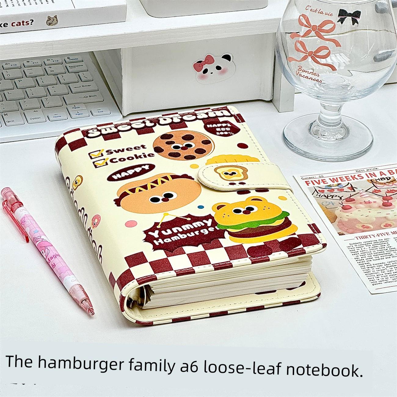 可爱汉堡A6Pu活页笔记本中小学生高颜值皮革磁性笔记本学习计画记