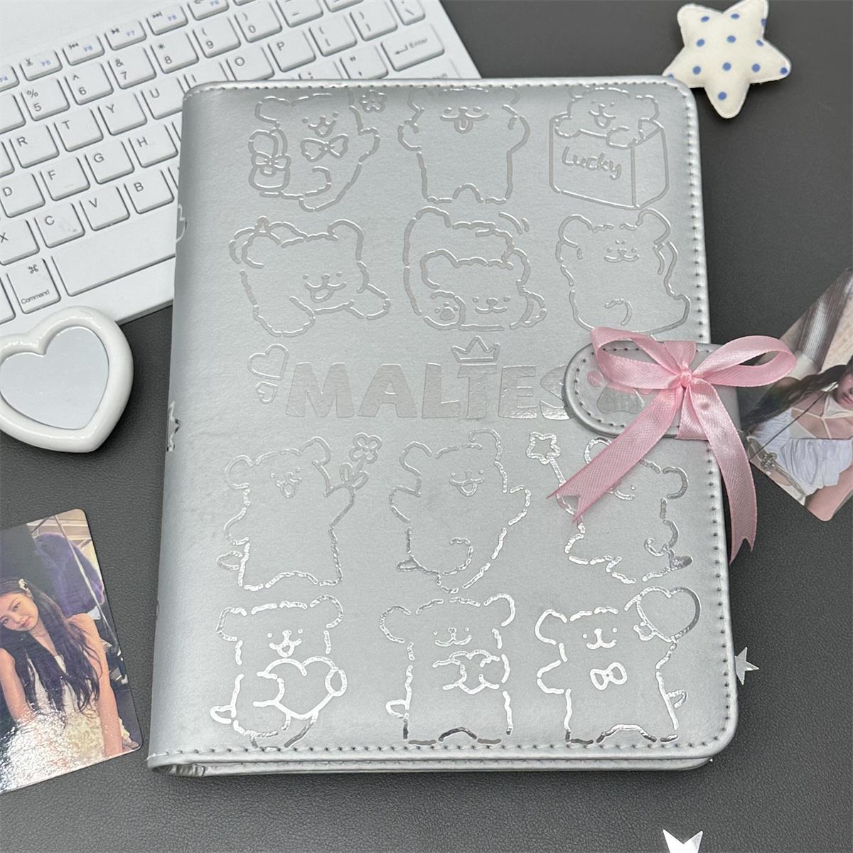 ins可爱线条小狗银色PU卡册学生少女心高颜值A5四宫格小卡收纳册