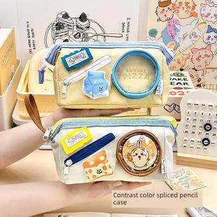 可爱的对比色拼接食品铅笔袋好看的女孩在风格大容量学生痛苦袋铅