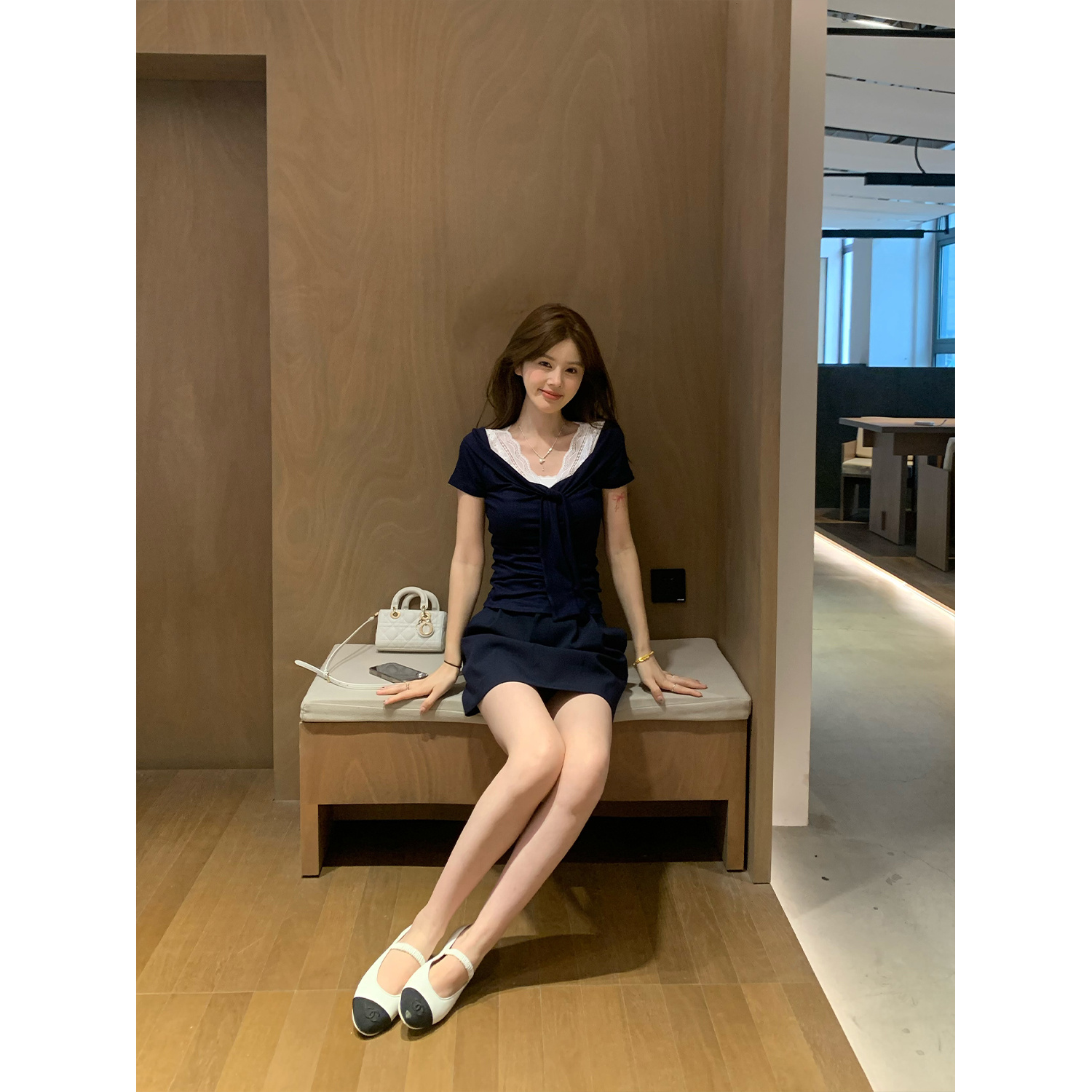 【花花】蓝白记忆~韩系V领小个子短袖T恤女夏小个子短款拼接上衣